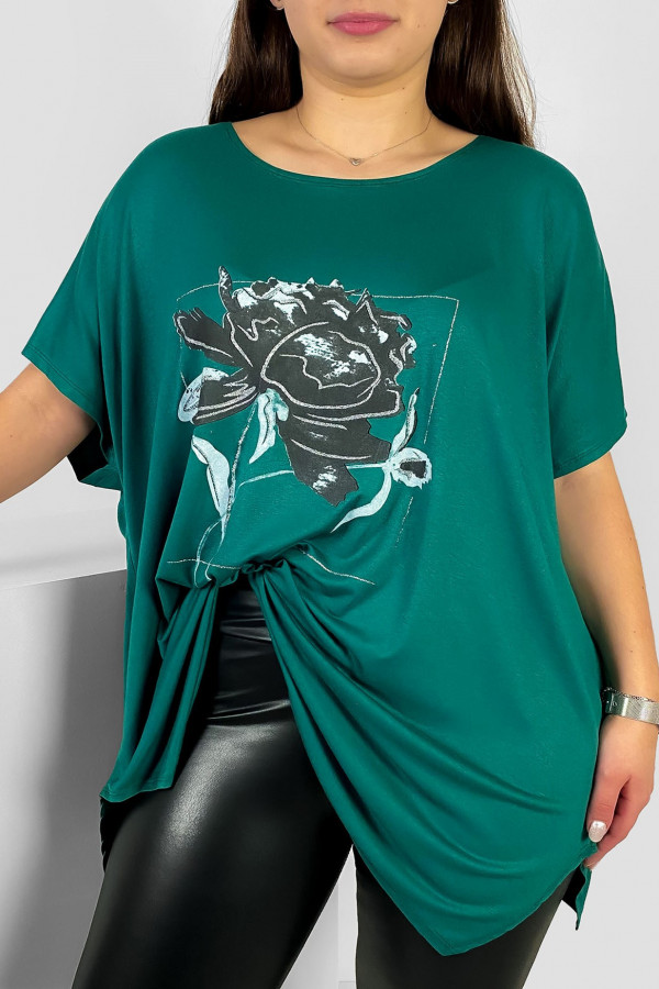 Tunika plus size luźna bluzka z wiskozy w kolorze chłodnej zieleni kwiat flower