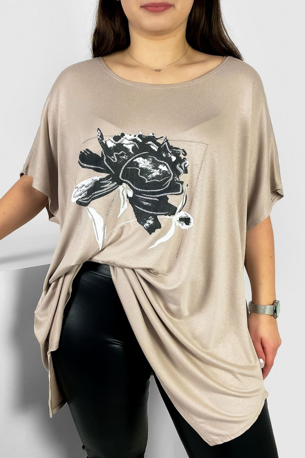 Tunika plus size luźna bluzka z wiskozy w kolorze beżowym kwiat flower