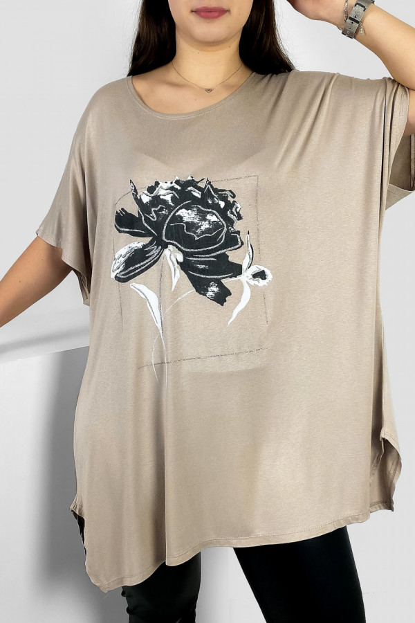 Tunika plus size luźna bluzka z wiskozy w kolorze beżowym kwiat flower 1