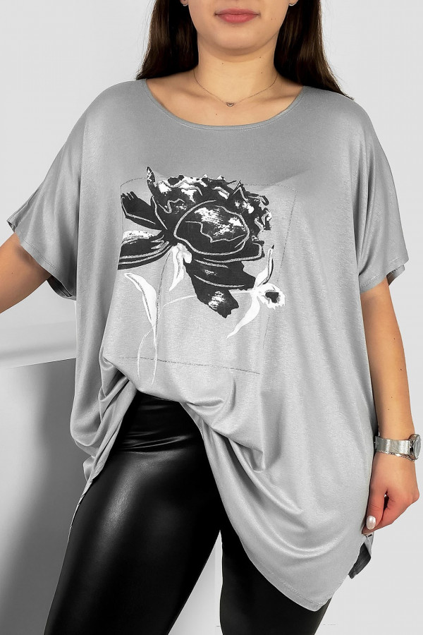Tunika plus size luźna bluzka z wiskozy w kolorze szarym kwiat flower