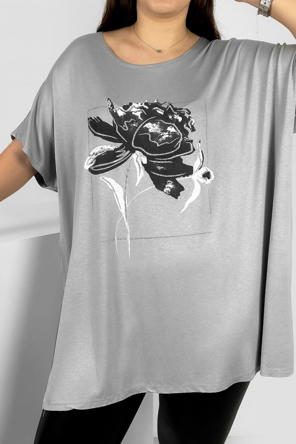 Tunika plus size luźna bluzka z wiskozy w kolorze szarym kwiat flower 1