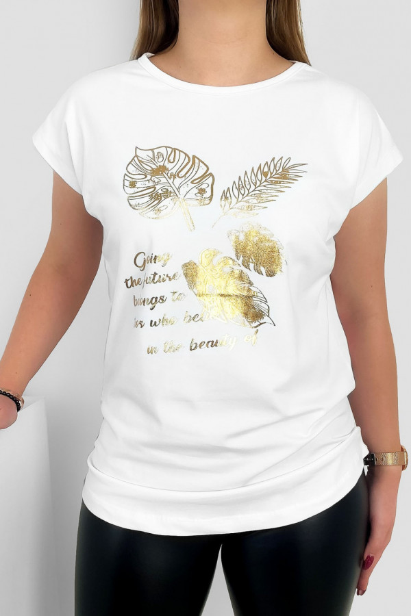 T-shirt damski nietoperz w kolorze białym złoty print napisy liście