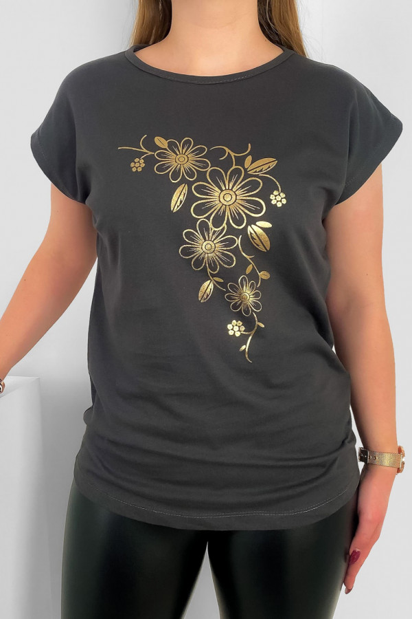 T-shirt damski nietoperz w kolorze grafitowym złoty print kwiaty