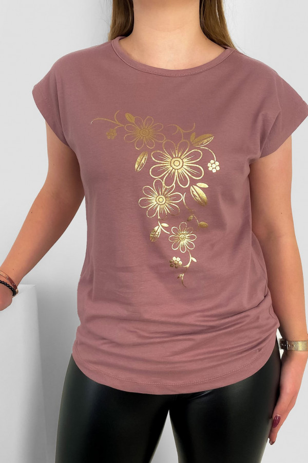 T-shirt damski nietoperz w kolorze brudnego różu złoty print kwiaty