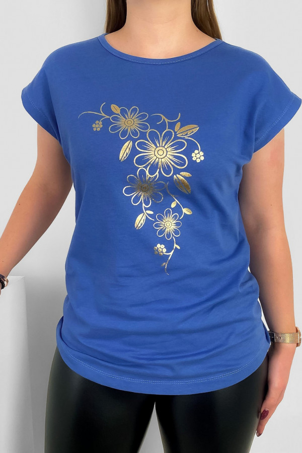 T-shirt damski nietoperz w kolorze denim złoty print kwiaty