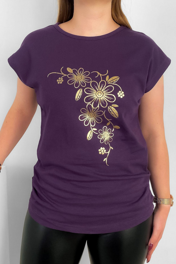 T-shirt damski nietoperz w kolorze jagodowym złoty print kwiaty