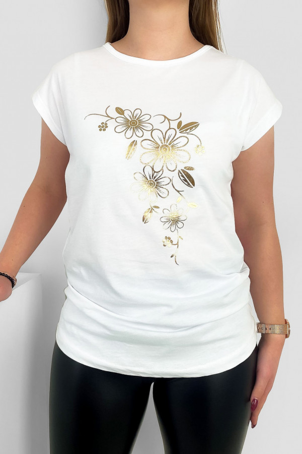 T-shirt damski nietoperz w kolorze białym złoty print kwiaty