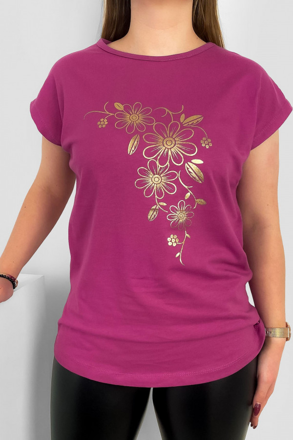 T-shirt damski nietoperz w kolorze indyjskiego różu złoty print kwiaty