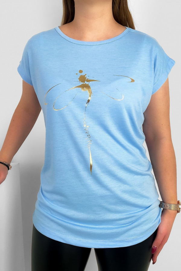 T-shirt damski nietoperz w kolorze błękitnym złoty print ważka