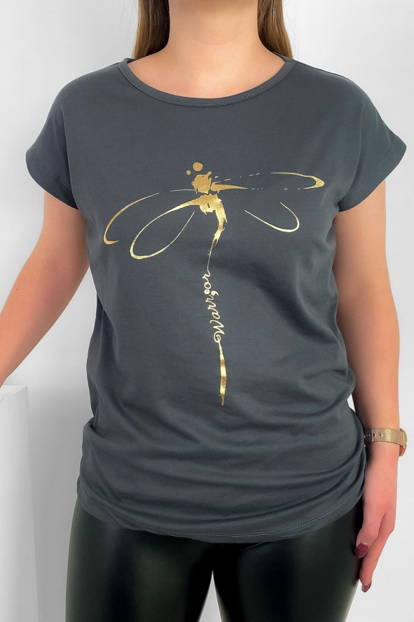 T-shirt damski nietoperz w kolorze antracytowym złoty print ważka