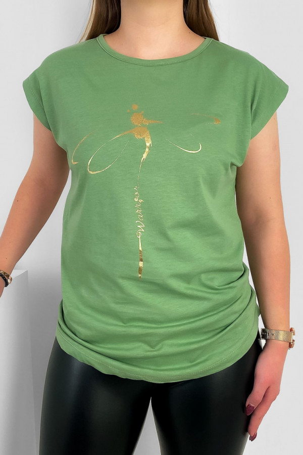 T-shirt damski nietoperz w kolorze pistacjowym złoty print ważka