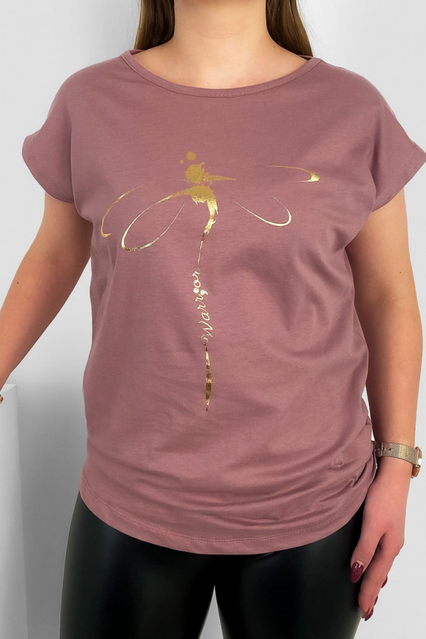 T-shirt damski nietoperz w kolorze brudnego różu złoty print ważka