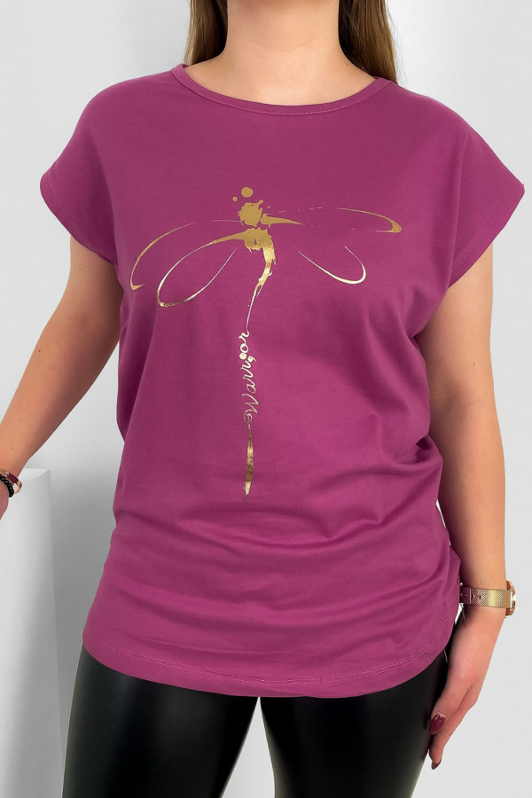 T-shirt damski nietoperz w kolorze indyjskiego różu złoty print ważka
