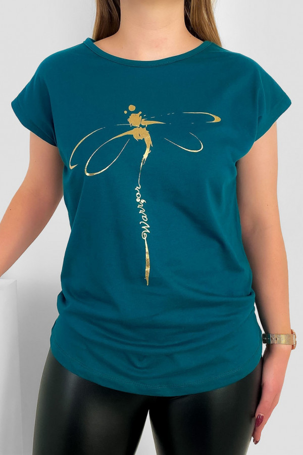 T-shirt damski nietoperz w kolorze morskim złoty print ważka