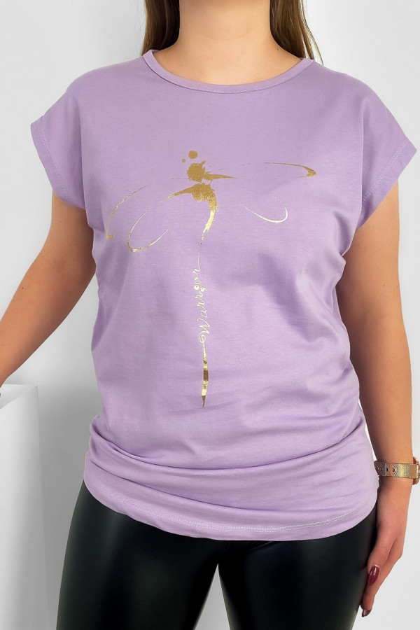 T-shirt damski nietoperz w kolorze lila fiolet złoty print ważka