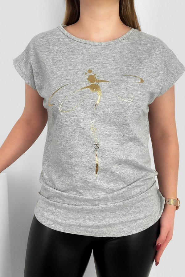 T-shirt damski nietoperz w kolorze szary melanż złoty print ważka