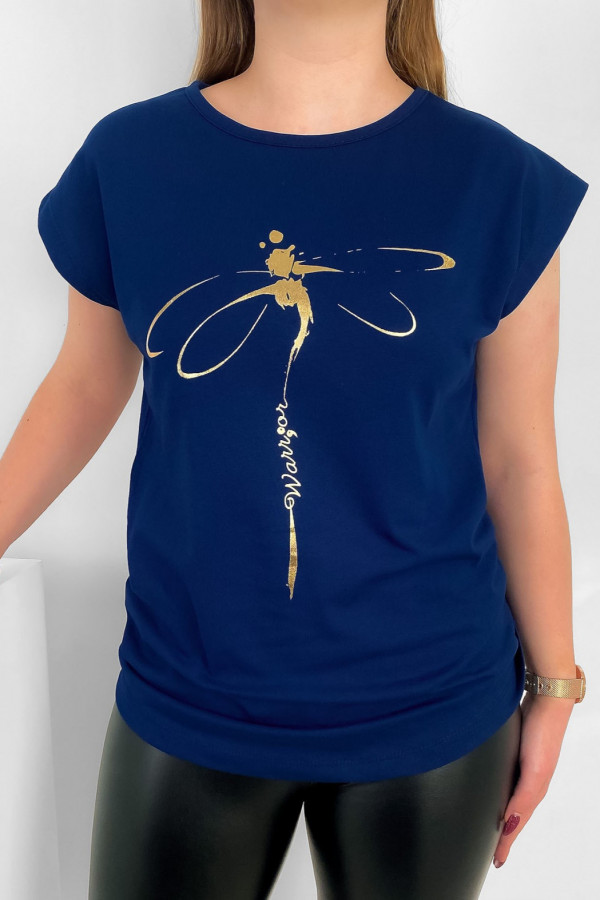 T-shirt damski nietoperz w kolorze granatowym złoty print ważka