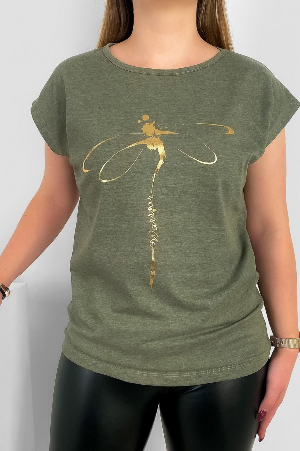 T-shirt damski nietoperz w kolorze khaki melanż złoty print ważka
