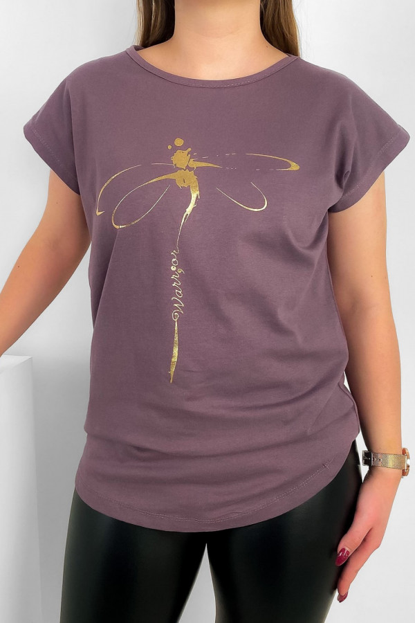 T-shirt damski nietoperz w kolorze wrzosowym złoty print ważka