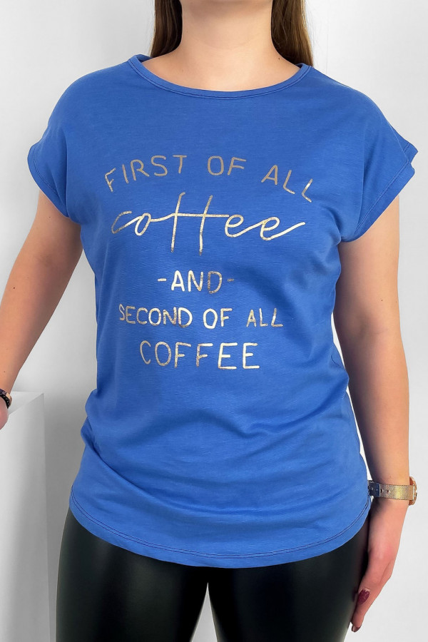 T-shirt damski nietoperz w kolorze niebieskim złoty print napis Coffee
