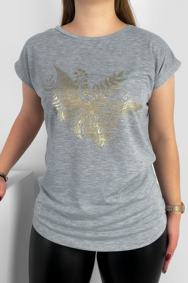 T-shirt damski nietoperz w kolorze szary melanż złoty print liście okrąg