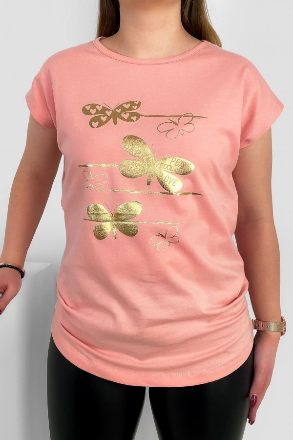 T-shirt damski nietoperz w kolorze łososiowym print motylki