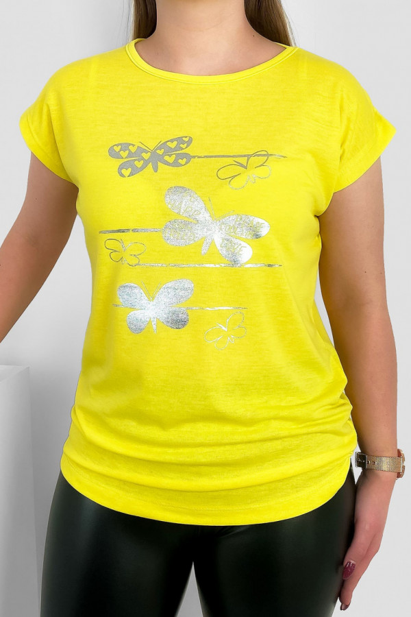 T-shirt damski nietoperz w kolorze żółtym srebrny print motylki