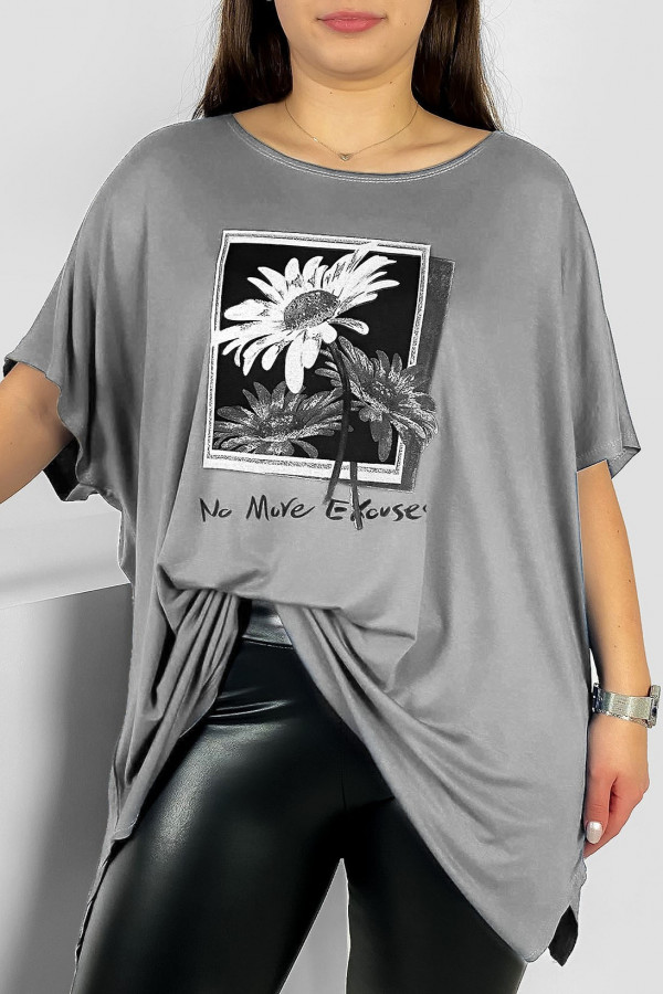 Tunika plus size luźna bluzka z wiskozy w kolorze szarym kwiaty sunflower