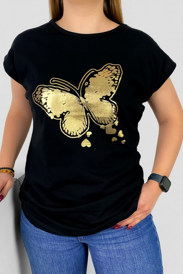 T-shirt damski nietoperz w kolorze czarnym złoty print motyl