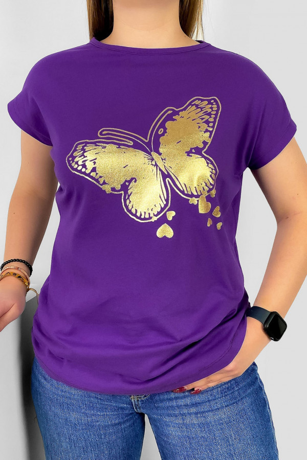 T-shirt damski nietoperz w kolorze jagodowym złoty print motyl
