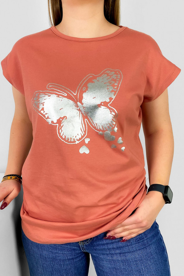 T-shirt damski nietoperz w kolorze brzoskwiniowym srebrny print motyl
