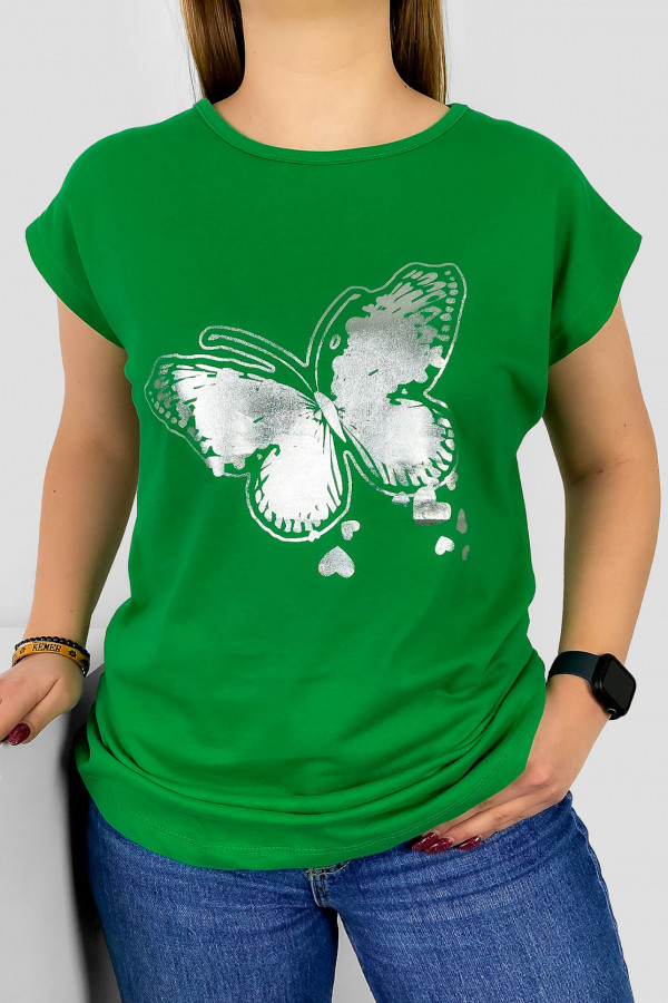 T-shirt damski nietoperz w kolorze zielonym srebrny print motyl