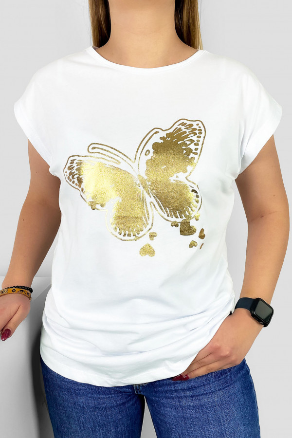 T-shirt damski nietoperz w kolorze białym złoty print motyl