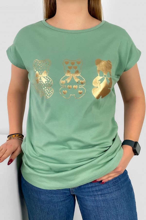 T-shirt damski nietoperz w kolorze pistacjowym złoty print misie
