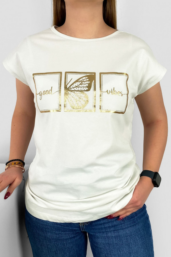 T-shirt damski nietoperz w kolorze ecru złoty print good vibes motyl