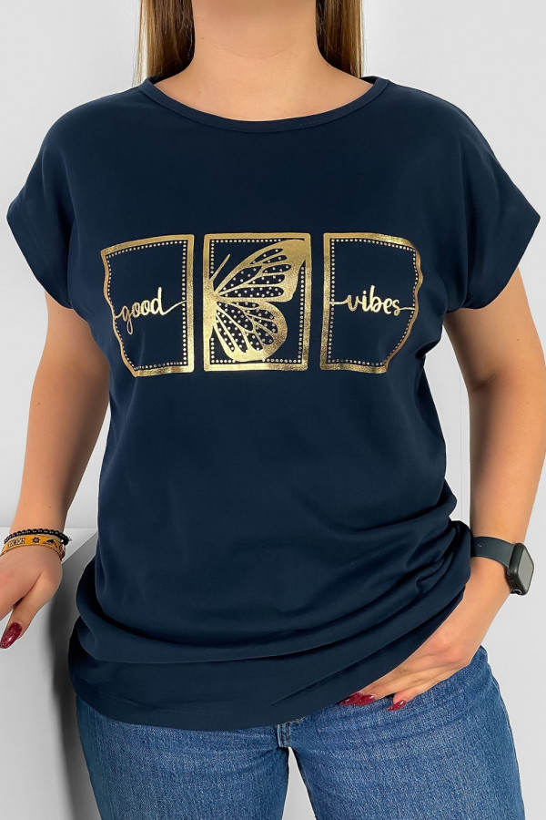 T-shirt damski nietoperz w kolorze granatowym złoty print good vibes motyl