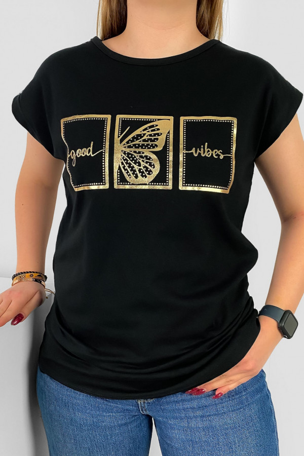 T-shirt damski nietoperz w kolorze czarnym złoty print good vibes motyl