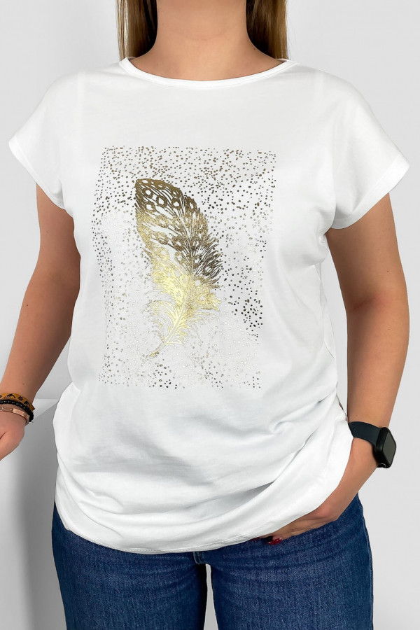 T-shirt damski nietoperz w kolorze białym złoty print piórko