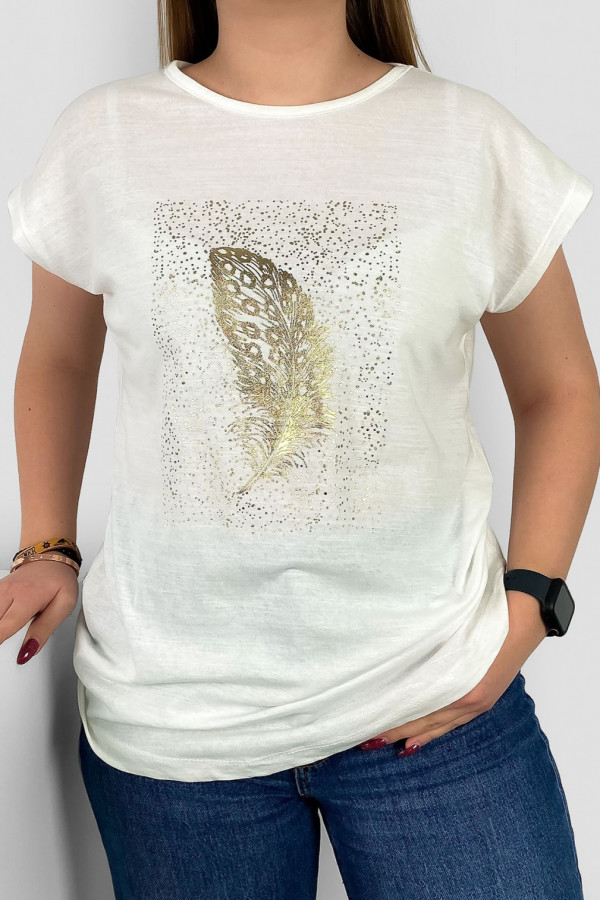 T-shirt damski nietoperz w kolorze ecru złoty print piórko