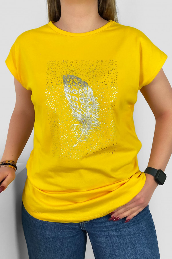 T-shirt damski nietoperz w kolorze miodowym srebrny print piórko