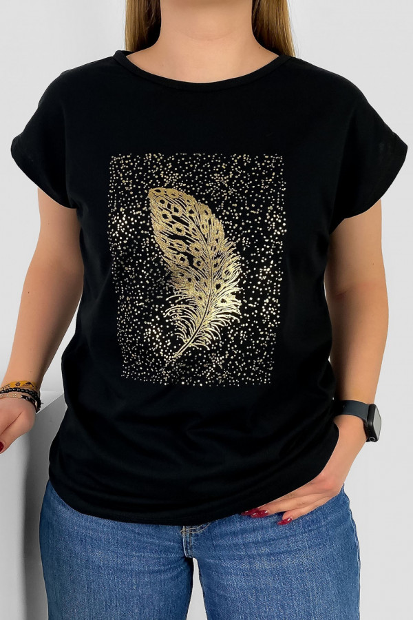 T-shirt damski nietoperz w kolorze czarnym złoty print piórko