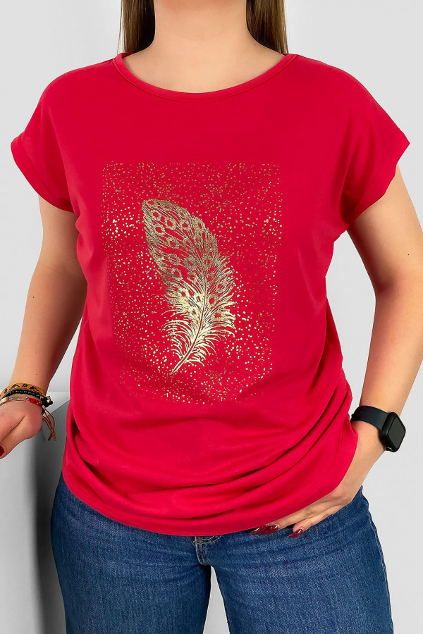 T-shirt damski nietoperz w kolorze malinowym złoty print piórko