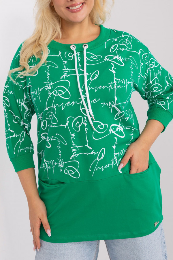 Modna lekka bluza damska plus size w kolorze zielonym kieszenie napisy Nora