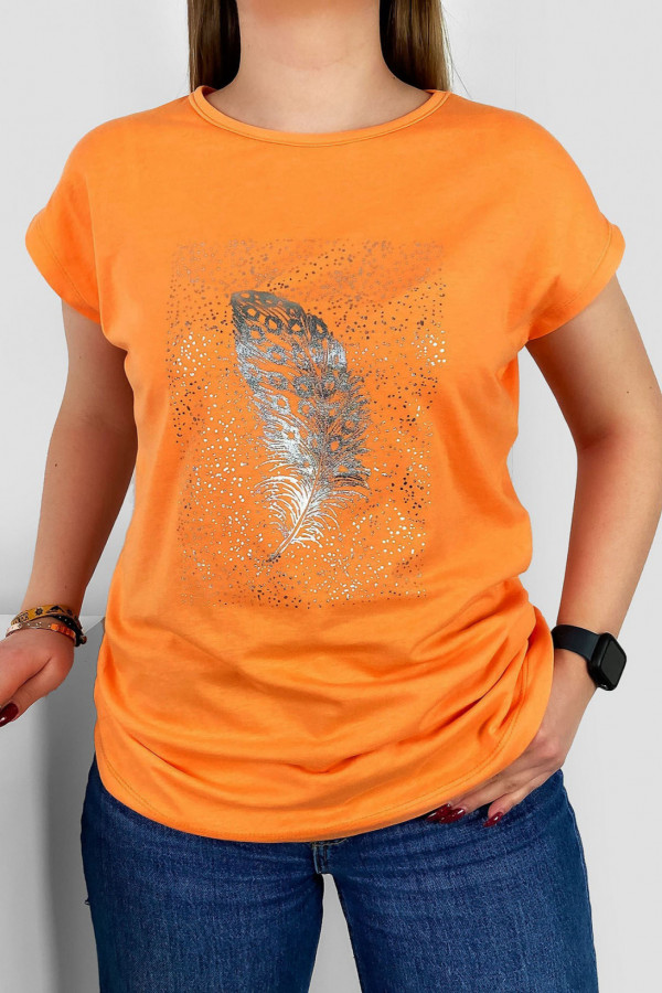 T-shirt damski nietoperz w kolorze pomarańczowym srebrny print piórko