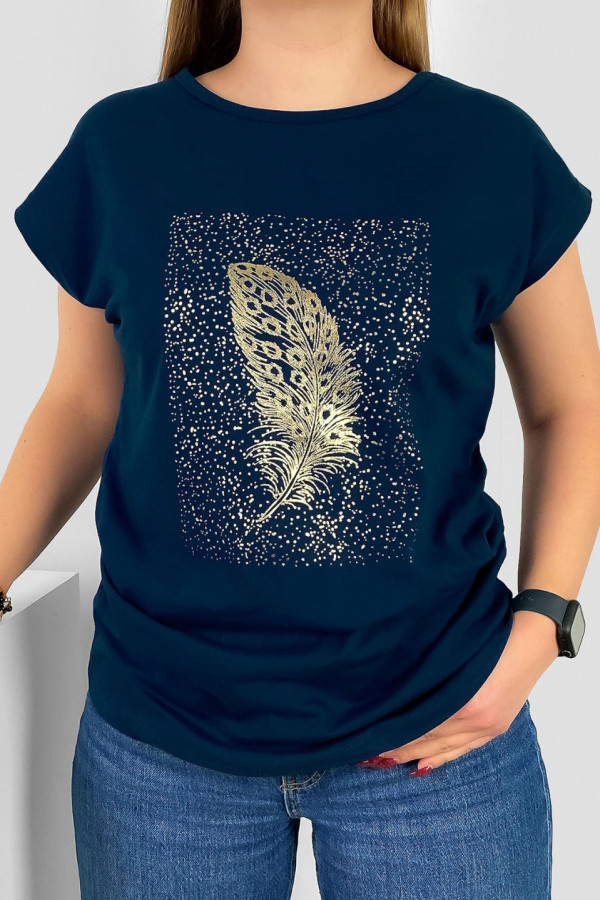 T-shirt damski nietoperz w kolorze dark navy złoty print piórko