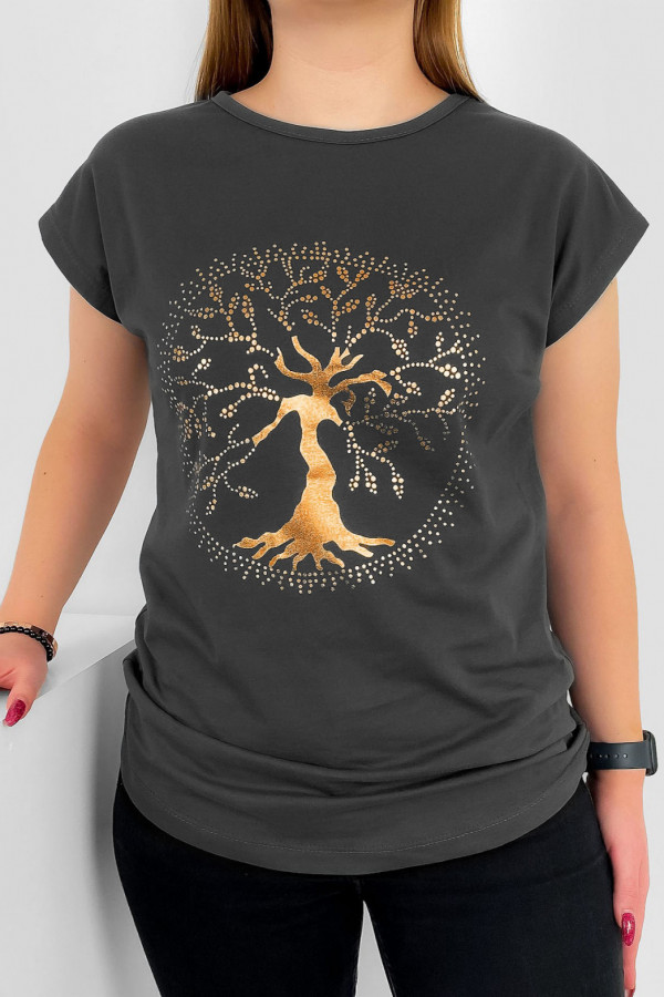 T-shirt damski nietoperz w kolorze grafitowym złoty print drzewo