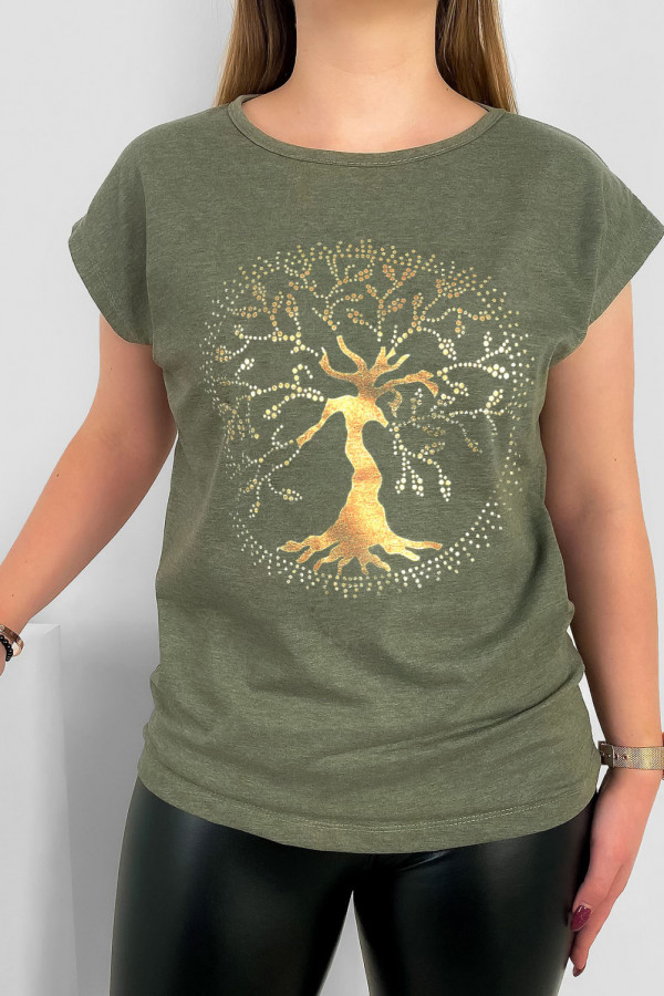 T-shirt damski nietoperz w kolorze khaki melanż złoty print drzewo