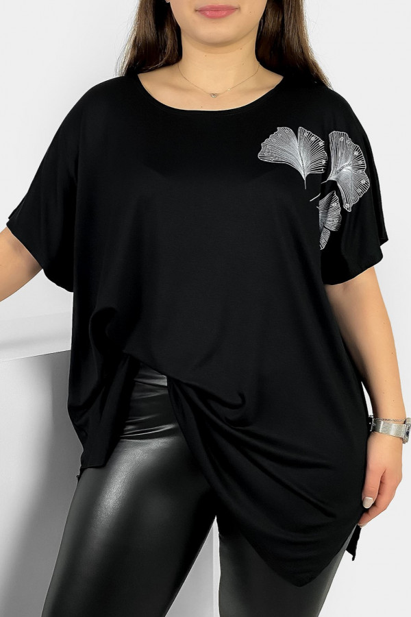 Tunika plus size luźna bluzka z wiskozy w kolorze czarnym liście leeves