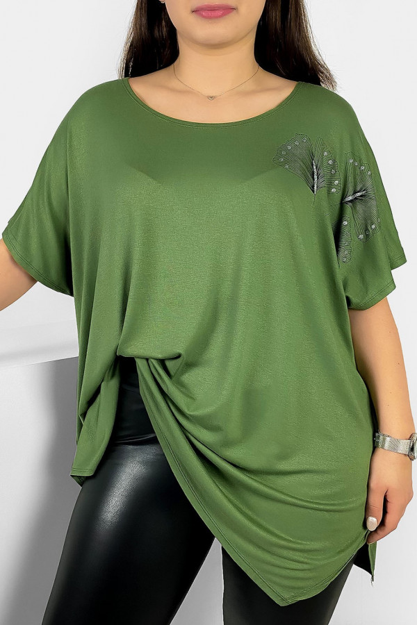 Luźna bluzka plus size z wiskozy w kolorze khaki liście leeves