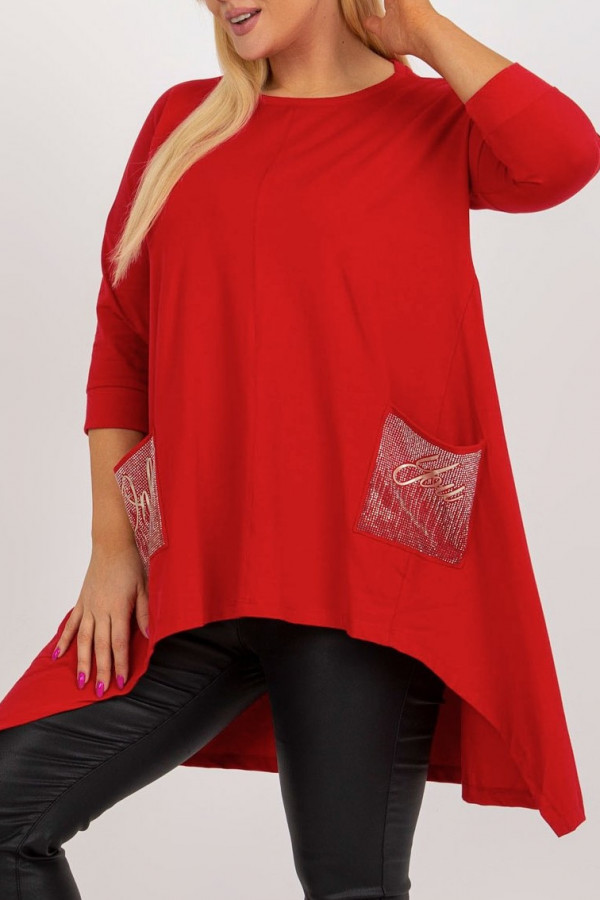 Asymetryczna bluzka tunika damska w kolorze czerwonym z kieszeniami dłuższy tył Beatrice